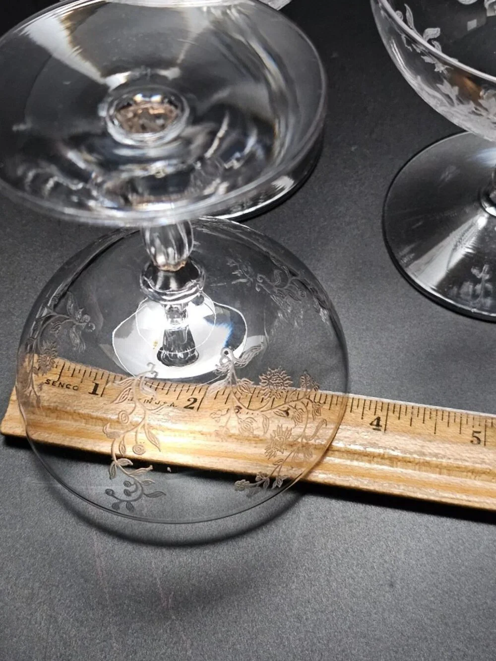 3 Fostoria Rambler Champagne Coupe Glasses vtg Floral Etched elegant 1950s